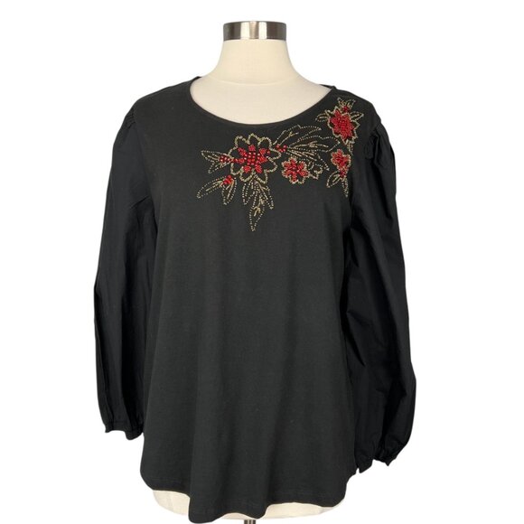 Chicos Womens Embellished Flower Puff Sleeve Top Beaded Black Cotton size Large - Picture 2 of 13